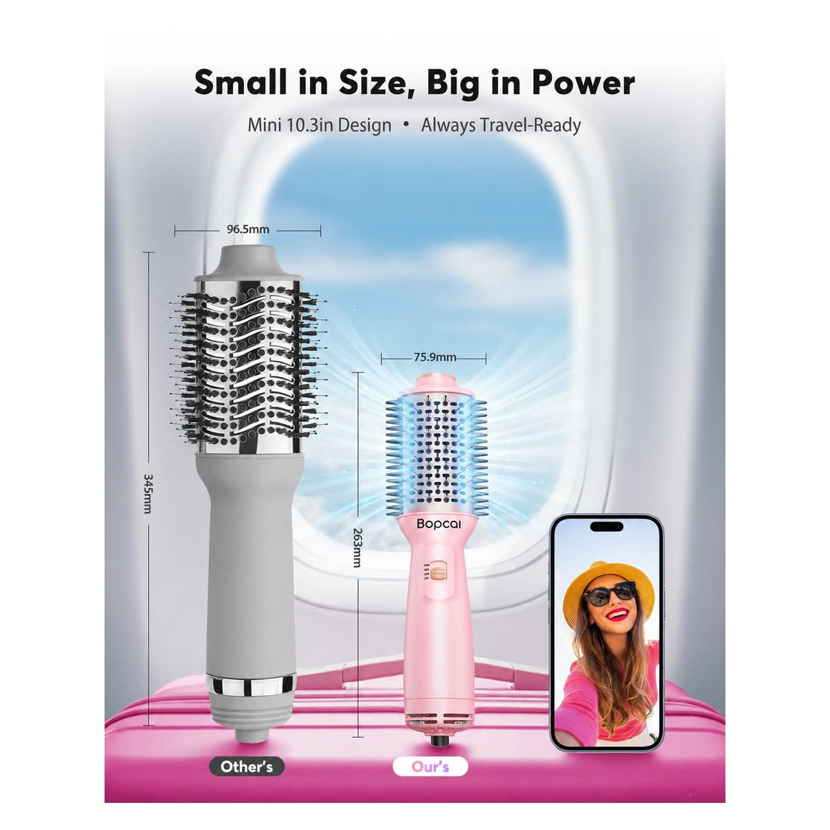 Bopcal Mini Travel Hair Dryer Brush, compact and powerful design, 100% Authentic, available in India at Curat Cart.