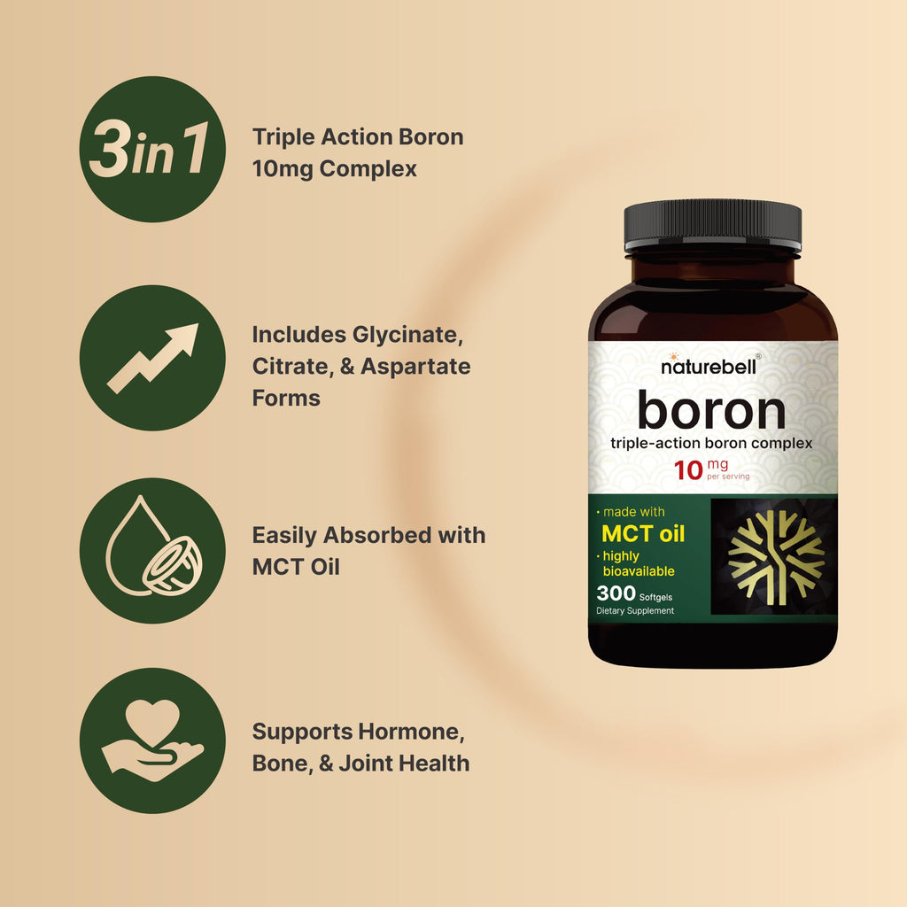 Boron 10mg Softgels Supplement in official packaging, featuring triple action benefits for hormone, bone, and joint health. Available at Curat Cart.