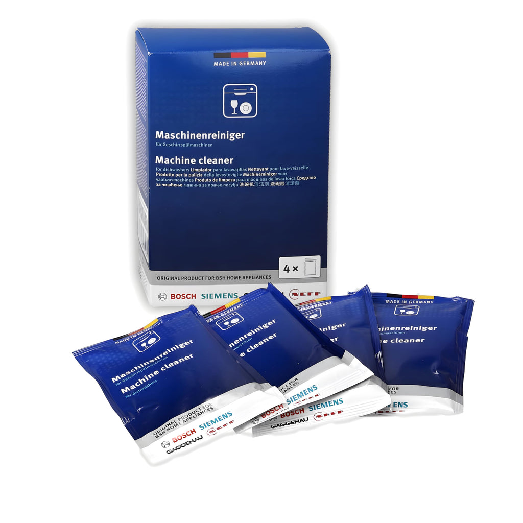 Premium imported Bosch Dishwasher Cleaner, featuring four machine cleaner sachets in a sleek box, available at Curat Cart.