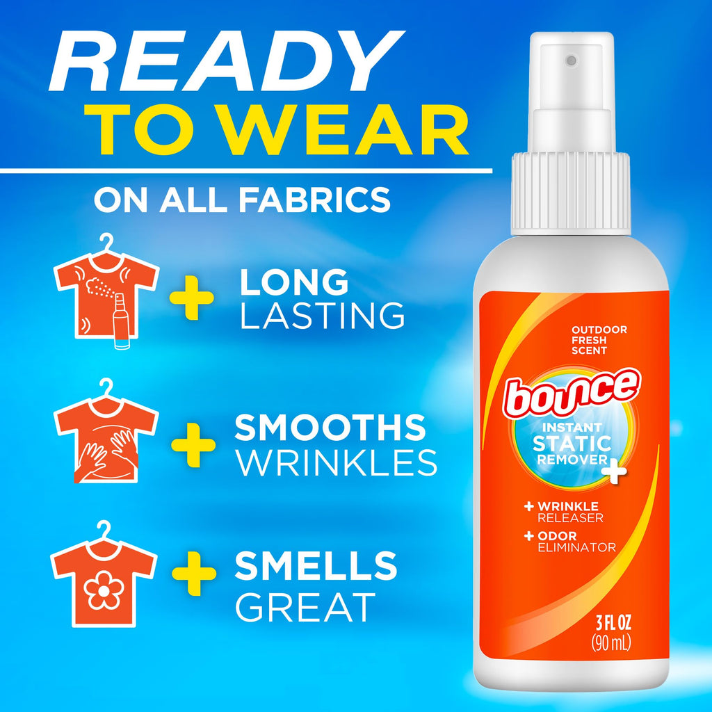 Bounce Anti Static Spray in high-quality packaging, effectively removes static and odors. Available at Curat Cart.