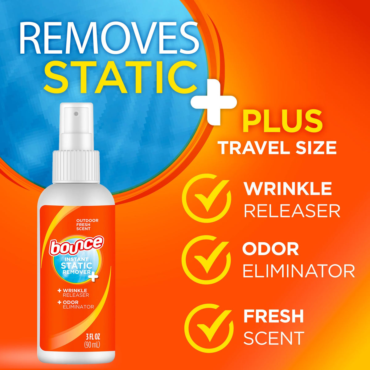 Bounce Anti Static Spray, 100% Authentic, removes static, wrinkles, and odors. Available in India at Curat Cart.