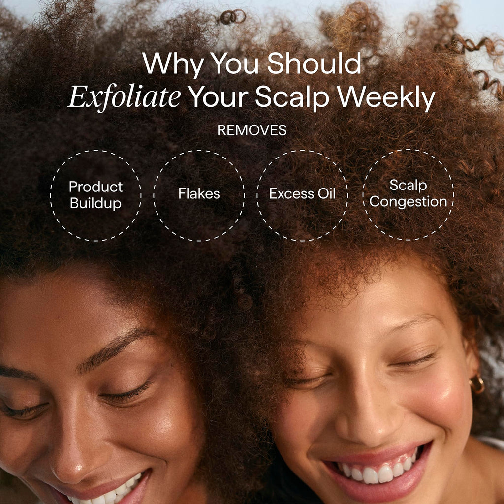 Two smiling women with curly hair highlight scalp health benefits of Briogeo Scalp Revival product, promoting genuine care.
