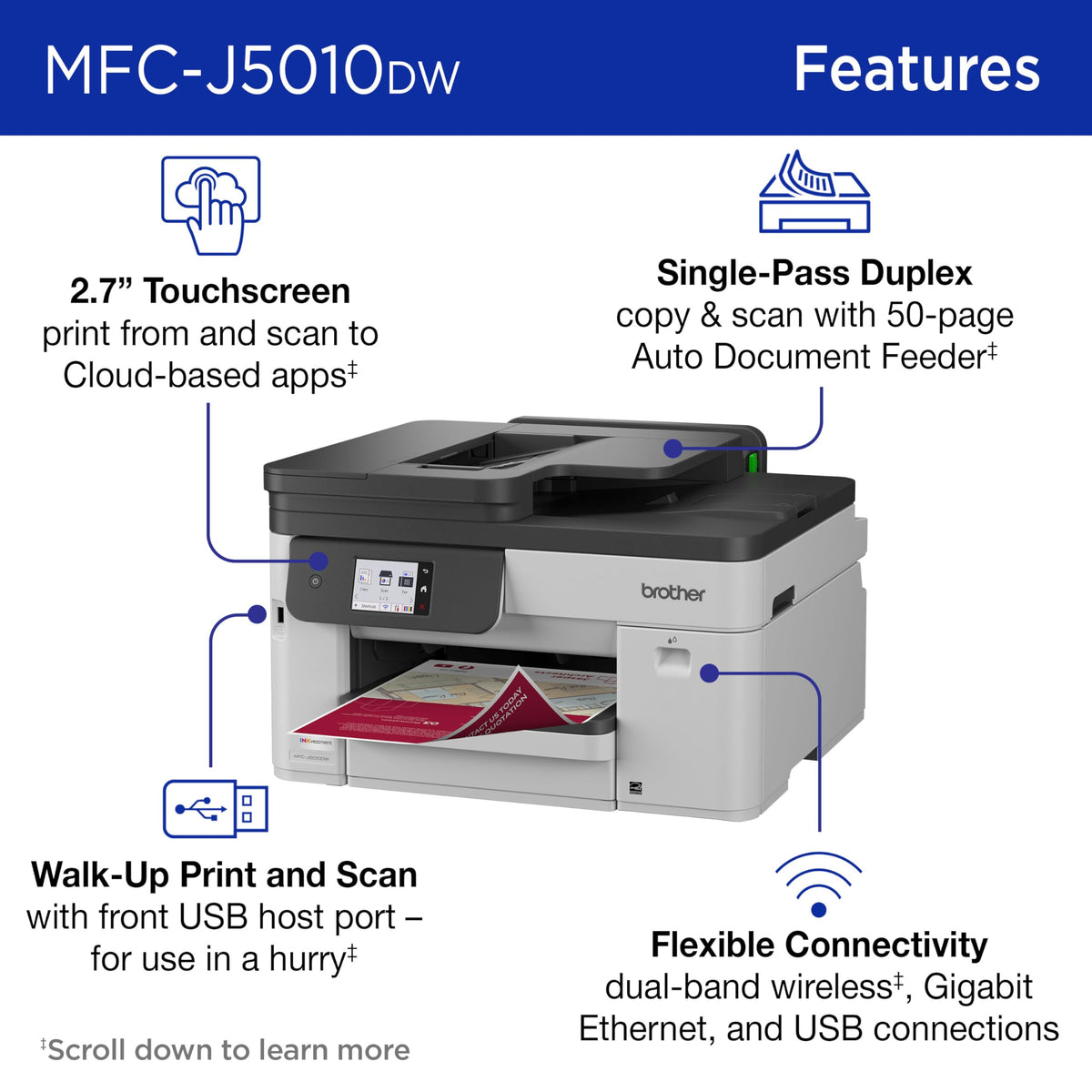Brother INKvestment Color Inkjet Printer showcasing official packaging, highlighting advanced features for efficient printing. Available at Curat Cart.