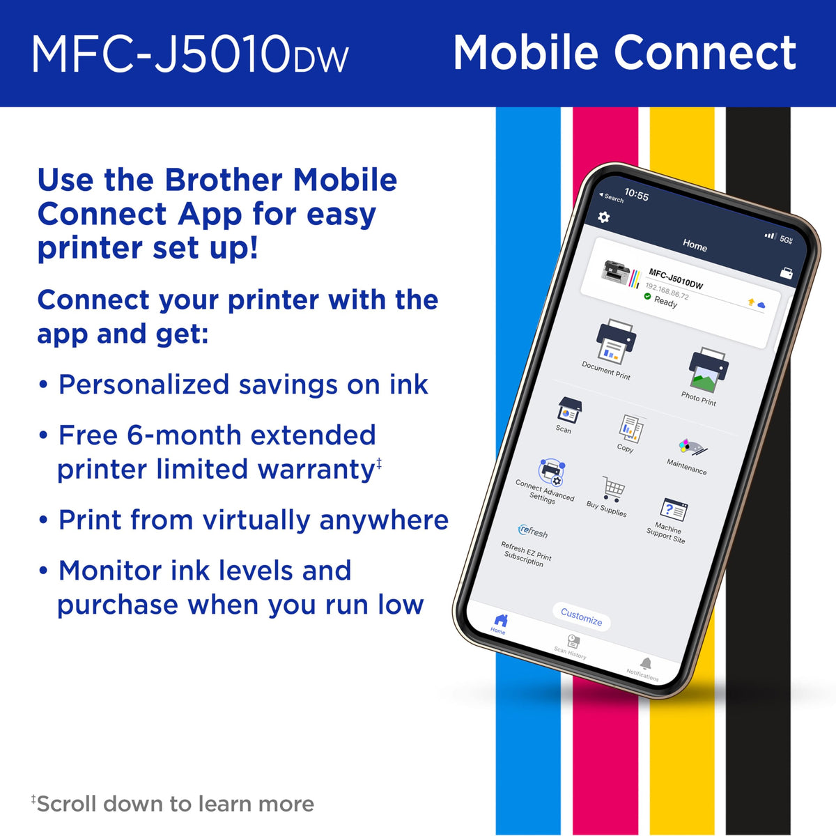 Connect your Brother INKvestment Color Inkjet Printer with the Mobile Connect App for easy setup and personalized savings. Available at Curat Cart.