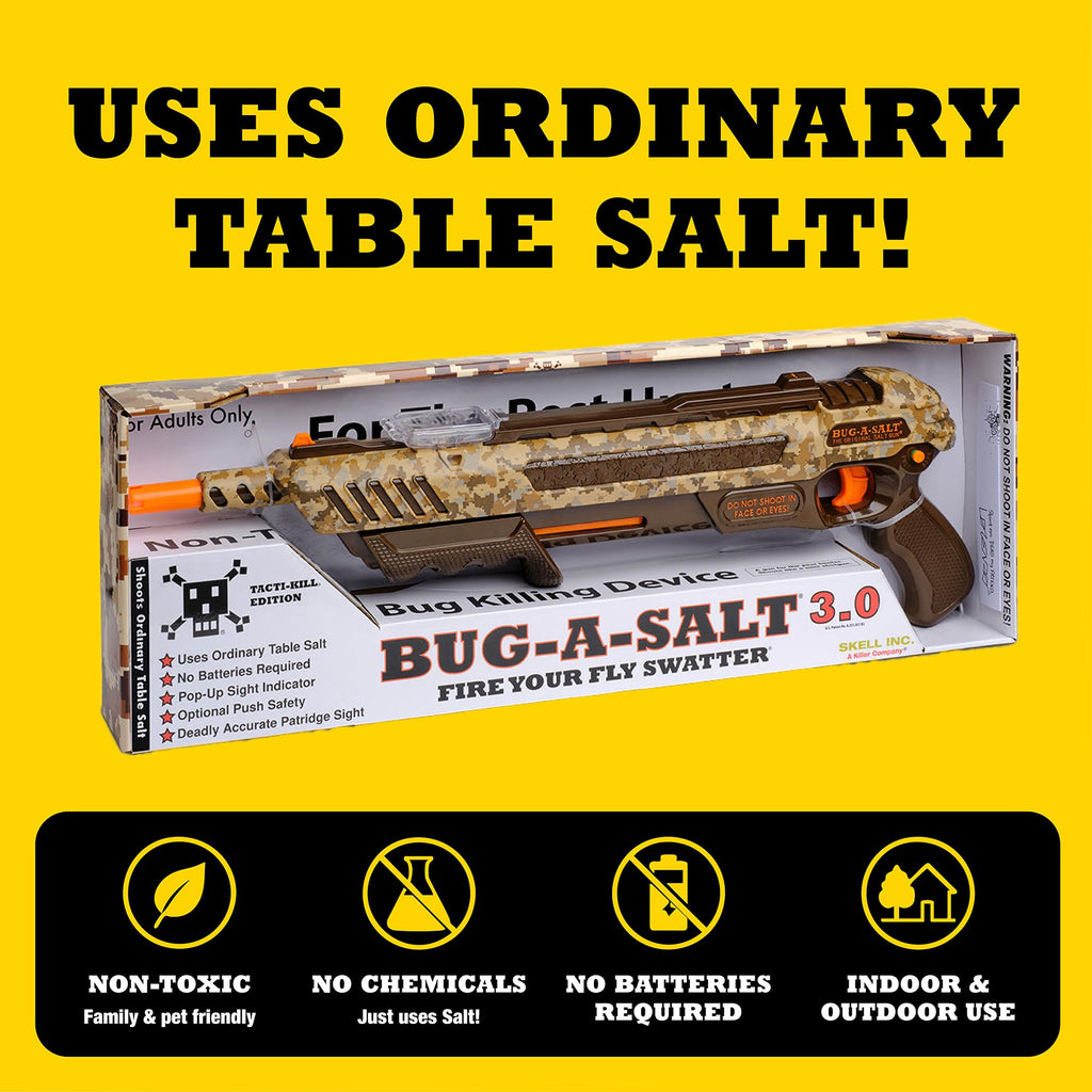 Discover BUG-A-SALT Tacti-Kill, a non-toxic fly swatter using ordinary table salt. Perfect for indoor and outdoor use. Available at Curat Cart.