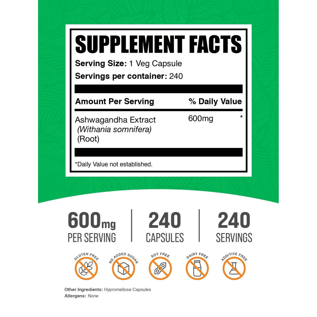 BulkSupplements Ashwagandha Extract Capsules, 100% authentic, available in India at Curat Cart. Contains 600mg per capsule for optimal health.