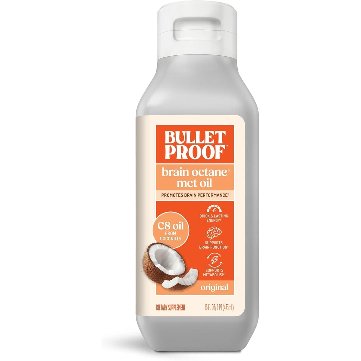 Authentic Bulletproof Brain Octane C8 MCT Oil in a bottle, promotes brain performance and supports metabolism.