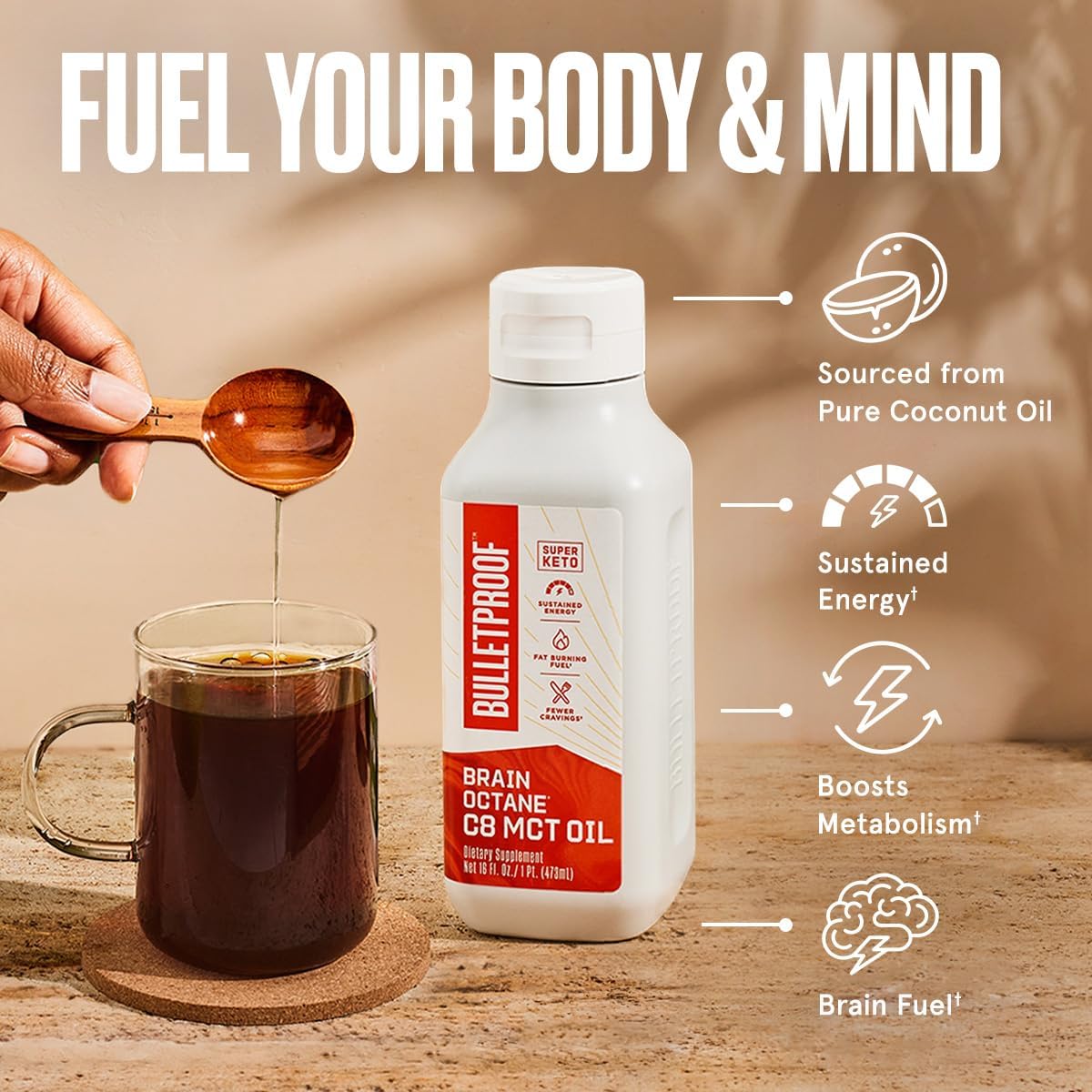 Bulletproof Brain Octane C8 MCT Oil enhances energy and metabolism. Verified by CuratCart for quality assurance.