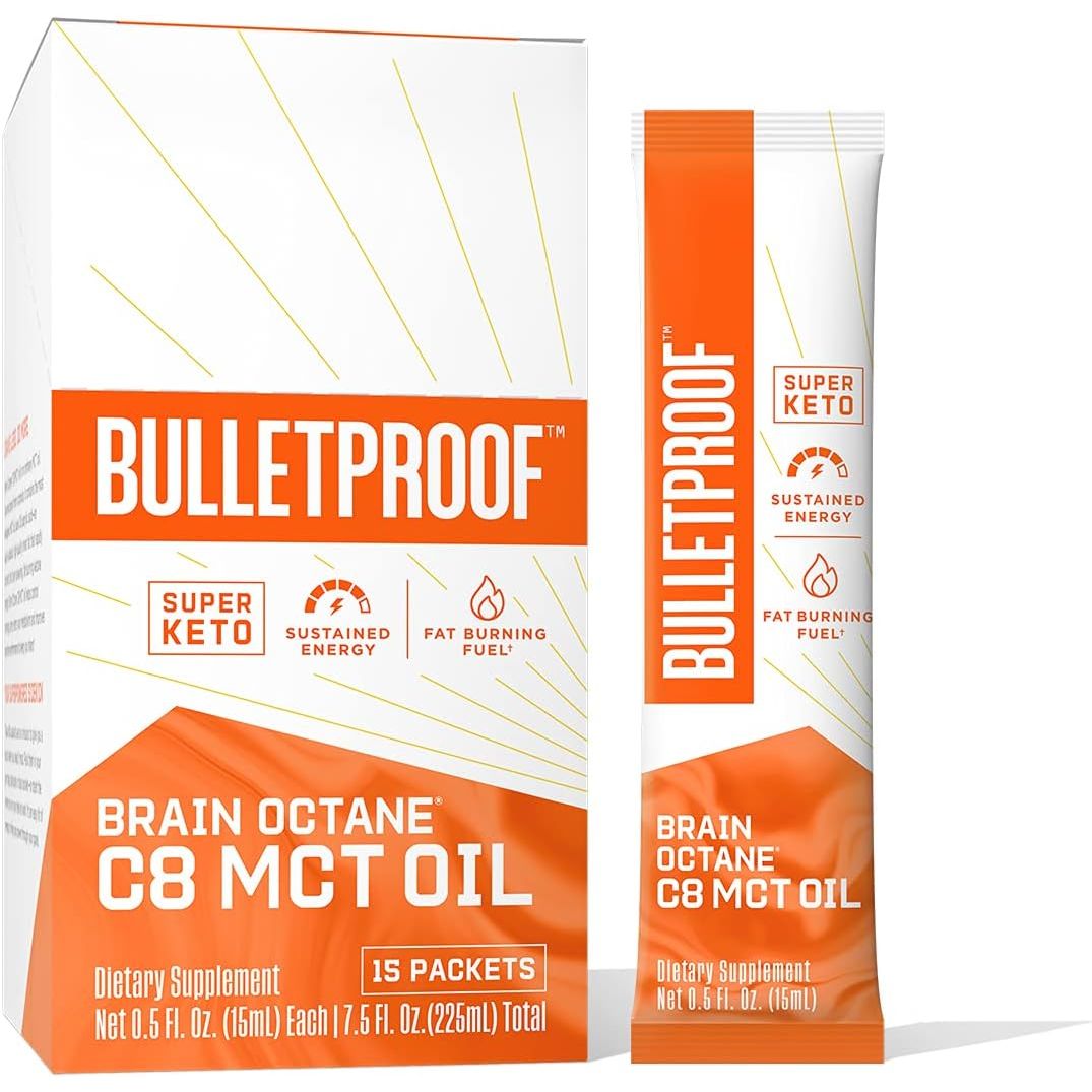 Bulletproof Brain Octane C8 MCT Oil packets, 15 count, verified by CuratCart for quality energy and fat burning.