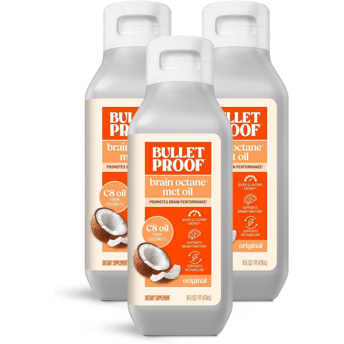 Three bottles of Bulletproof Brain Octane C8 MCT Oil, verified by CuratCart for quality and performance.