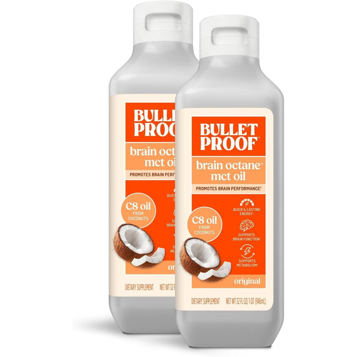 Two bottles of Bulletproof Brain Octane C8 MCT Oil in original packaging, promoting enhanced brain performance.