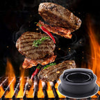 Premium Burger Press Hamburger Patty Maker showcased with sizzling patties. High-quality finish enhances grilling experience at Curat Cart.