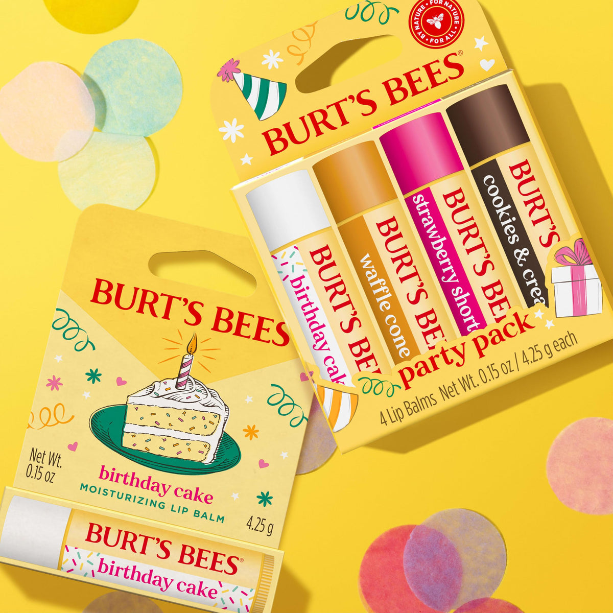 Authentic Burt's Bees Gifts: Birthday Cake Lip Balm set in bright packaging with colorful confetti background.