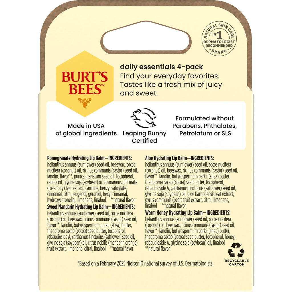 Burt's Bees daily essentials gift set in recyclable carton; USDA & Leaping Bunny certified for quality and safety.