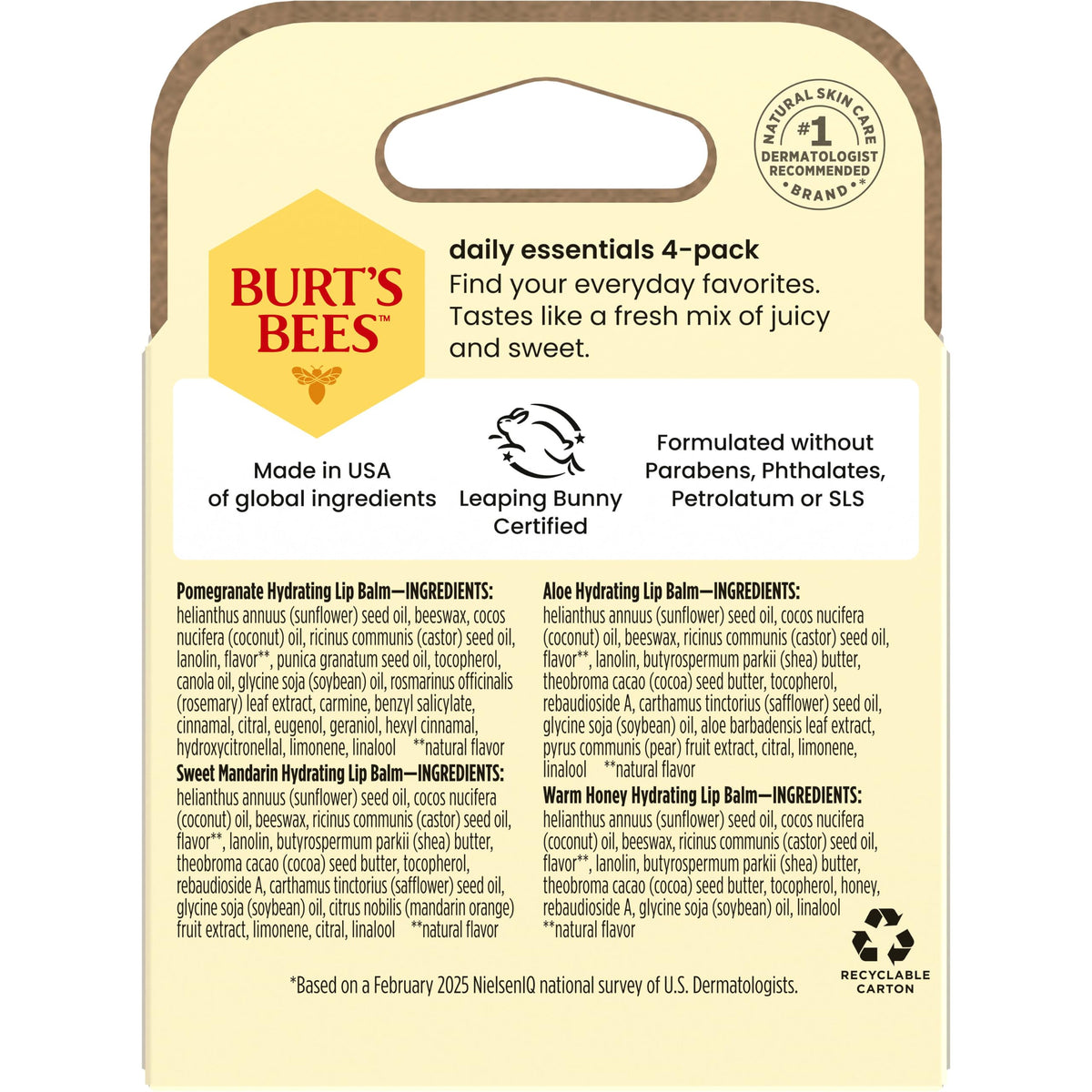 Burt's Bees daily essentials gift set in recyclable carton; USDA & Leaping Bunny certified for quality and safety.