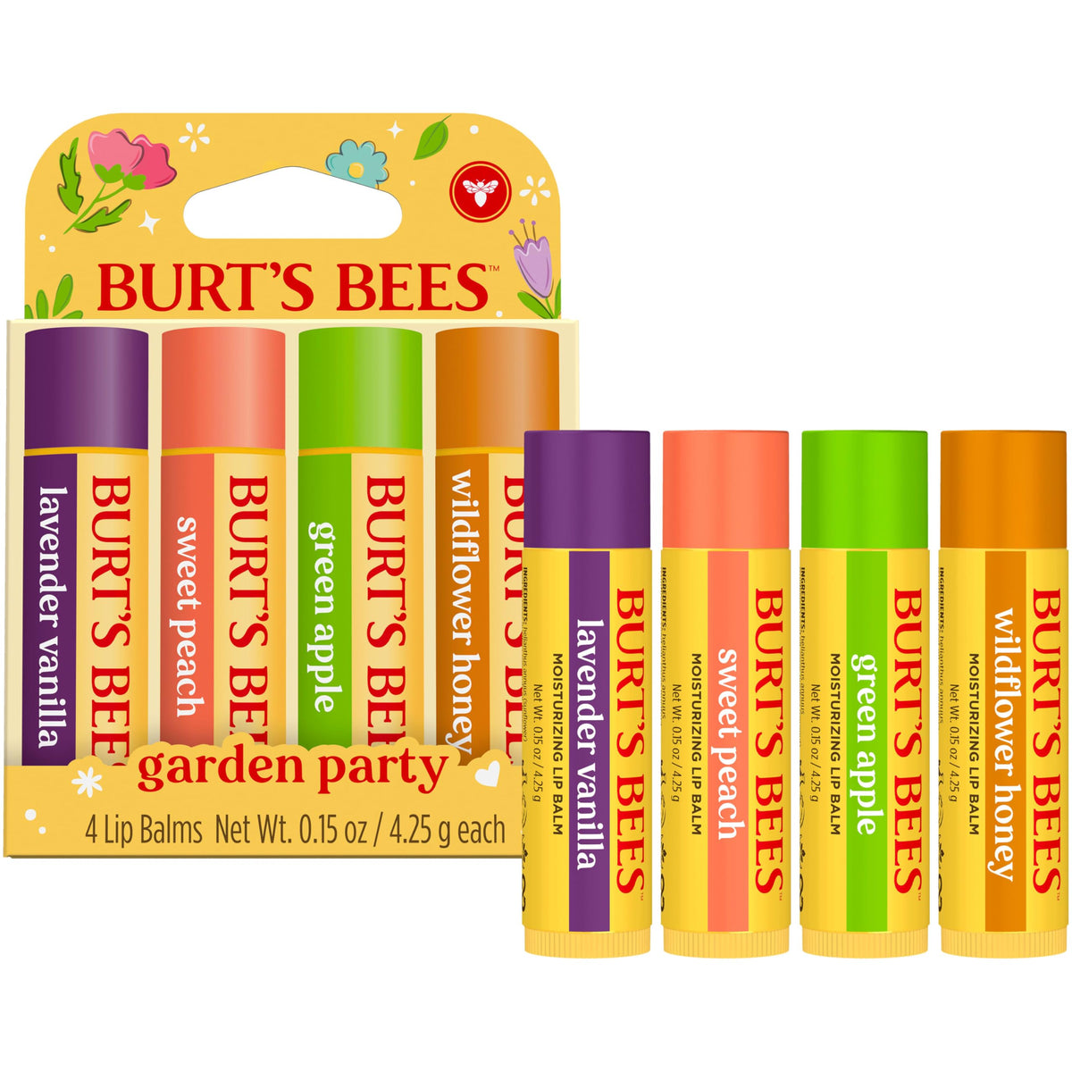 Discover Burt's Bees Garden Party set featuring four mini lip balms: lavender vanilla, sweet peach, green apple, and wildflower honey.