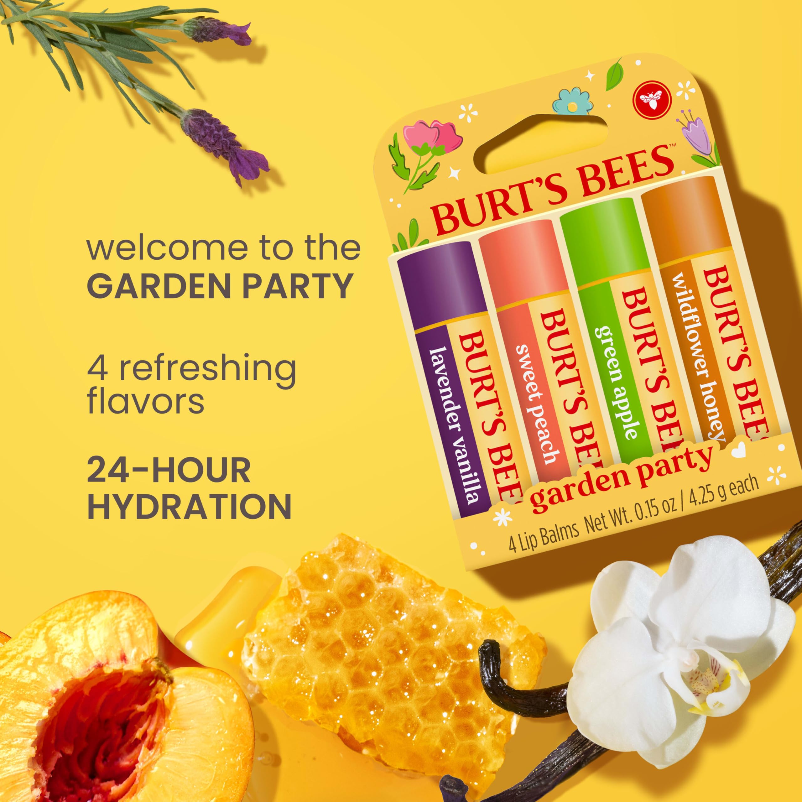 Burt's Bees Garden Party set with 4 lip balms in lavender, sweet peach, green apple, and wildflower honey flavors. 24-hour hydration!