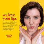 A young woman with a playful expression promotes Burt's Bees products against a bright yellow background, emphasizing natural beauty.