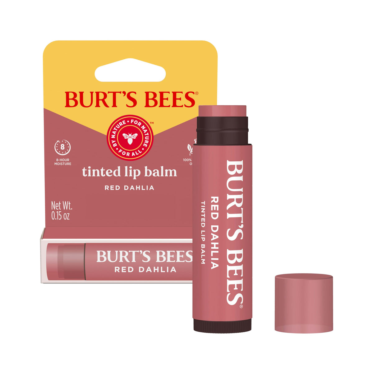 Explore Burt's Bees Red Dahlia tinted lip balm, 100% genuine, providing nourishing moisture for vibrant lips.