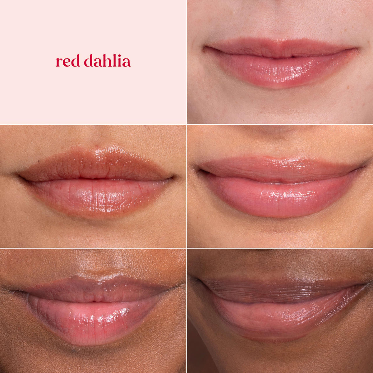 Burt's Bees Lip Tint Balm shown in Red Dahlia on diverse lips, showcasing its natural shades and moisturizing finish.