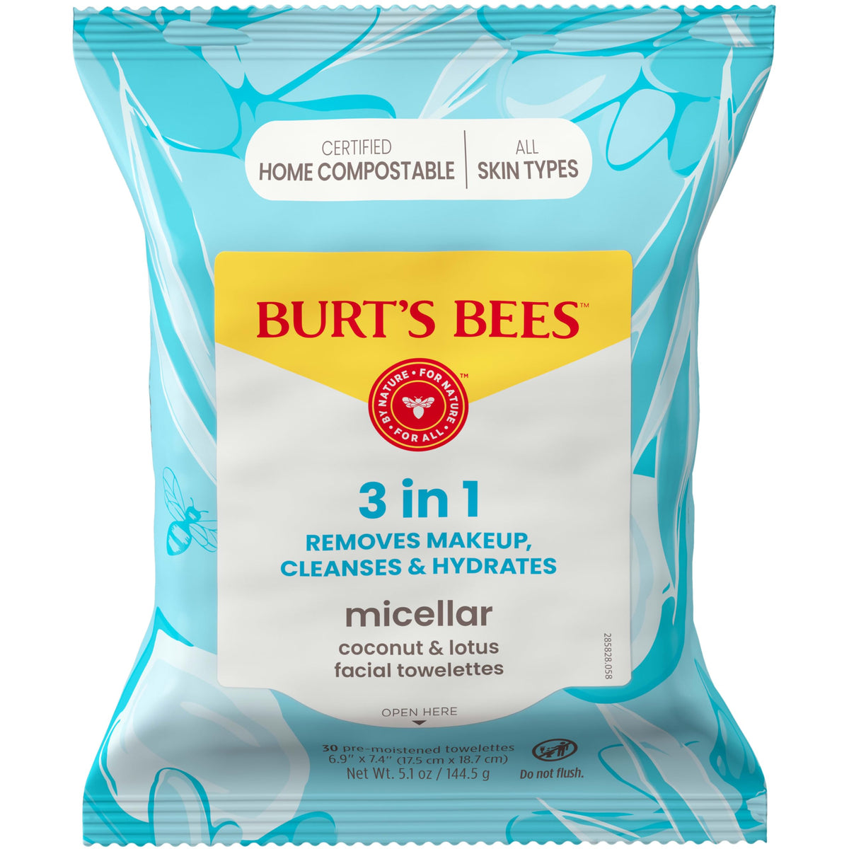 Burt’s Bees Micellar Facial Towelettes in official packaging, effectively removes makeup and hydrates skin. Available at Curat Cart.