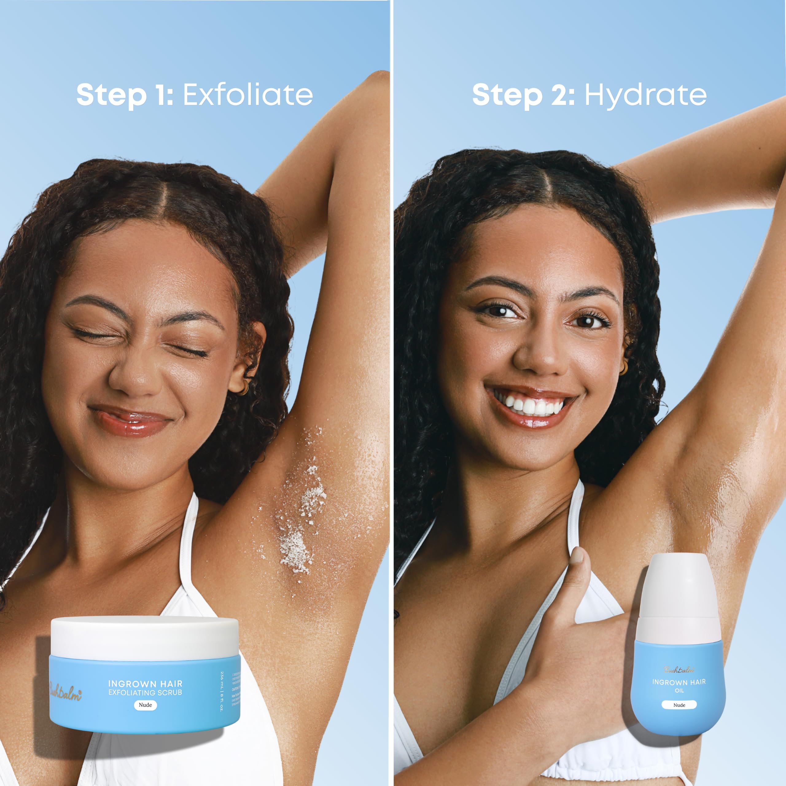 Bushbalm's 2-Step Ingrown Hair Routine featuring Exfoliate and Hydrate steps, ideal for smooth skin. Premium skincare.