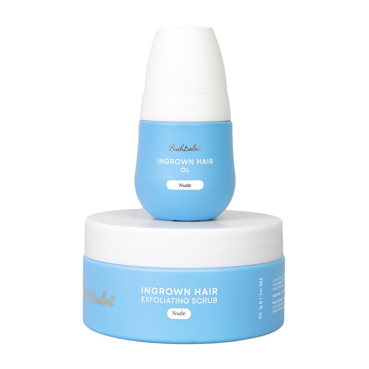 Authentic Bushbalm 2-Step Ingrown Hair Routine featuring exfoliating scrub and ingrown hair oil in nude packaging.
