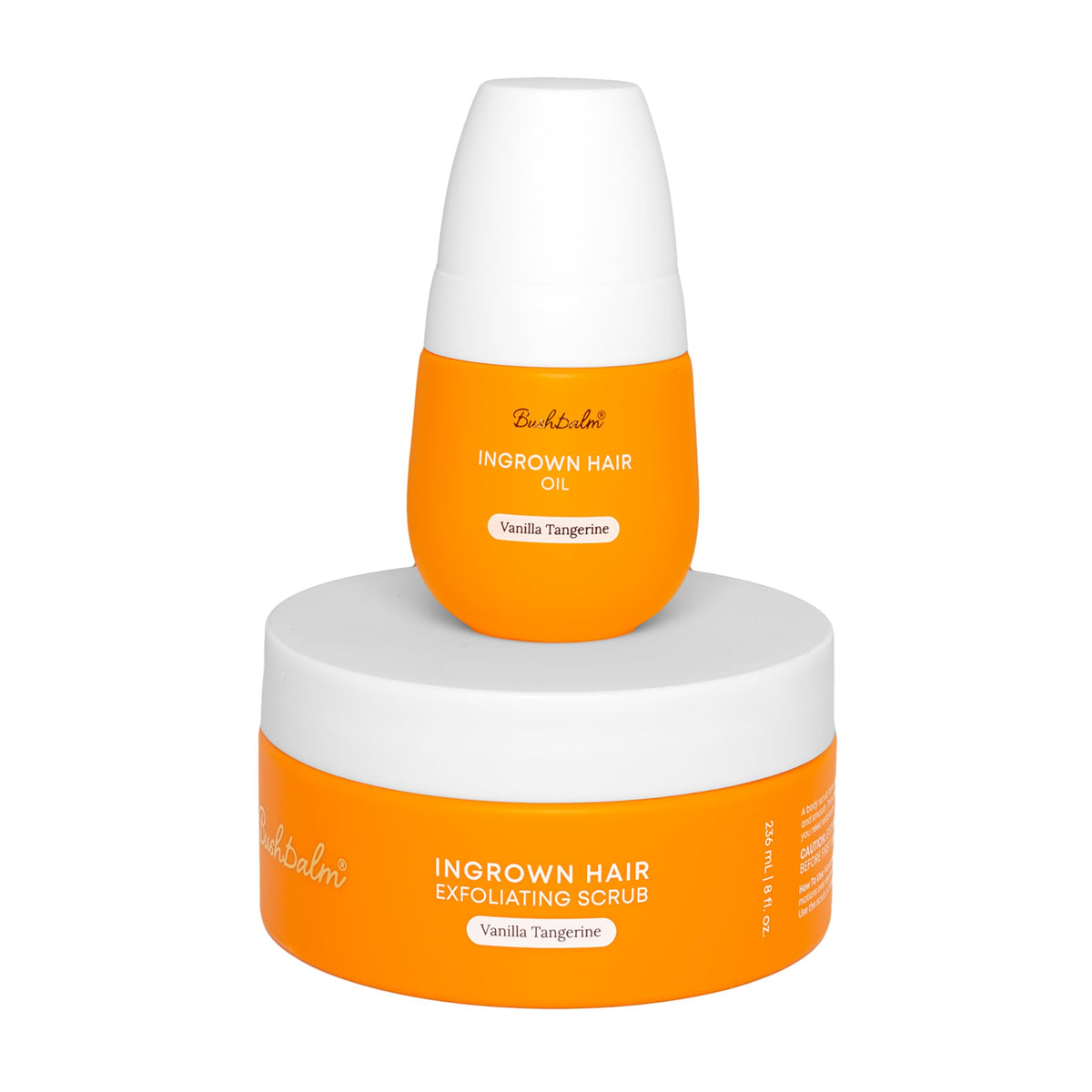 Bushbalm's 2-step ingrown hair routine featuring an exfoliating scrub and oil in modern packaging, verified by CuratCart.