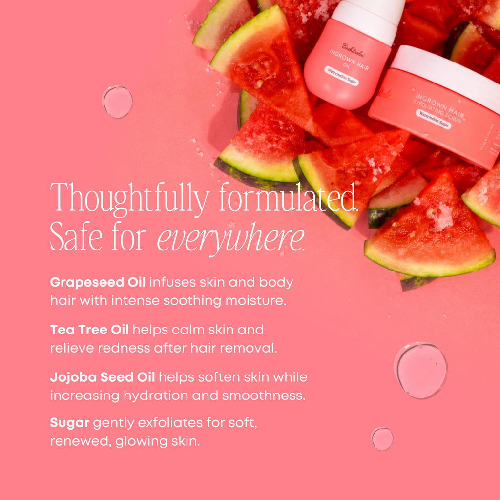 Bushbalm's 2-Step Ingrown Hair Routine featuring skincare products with watermelon background, designed for smooth, glowing skin.