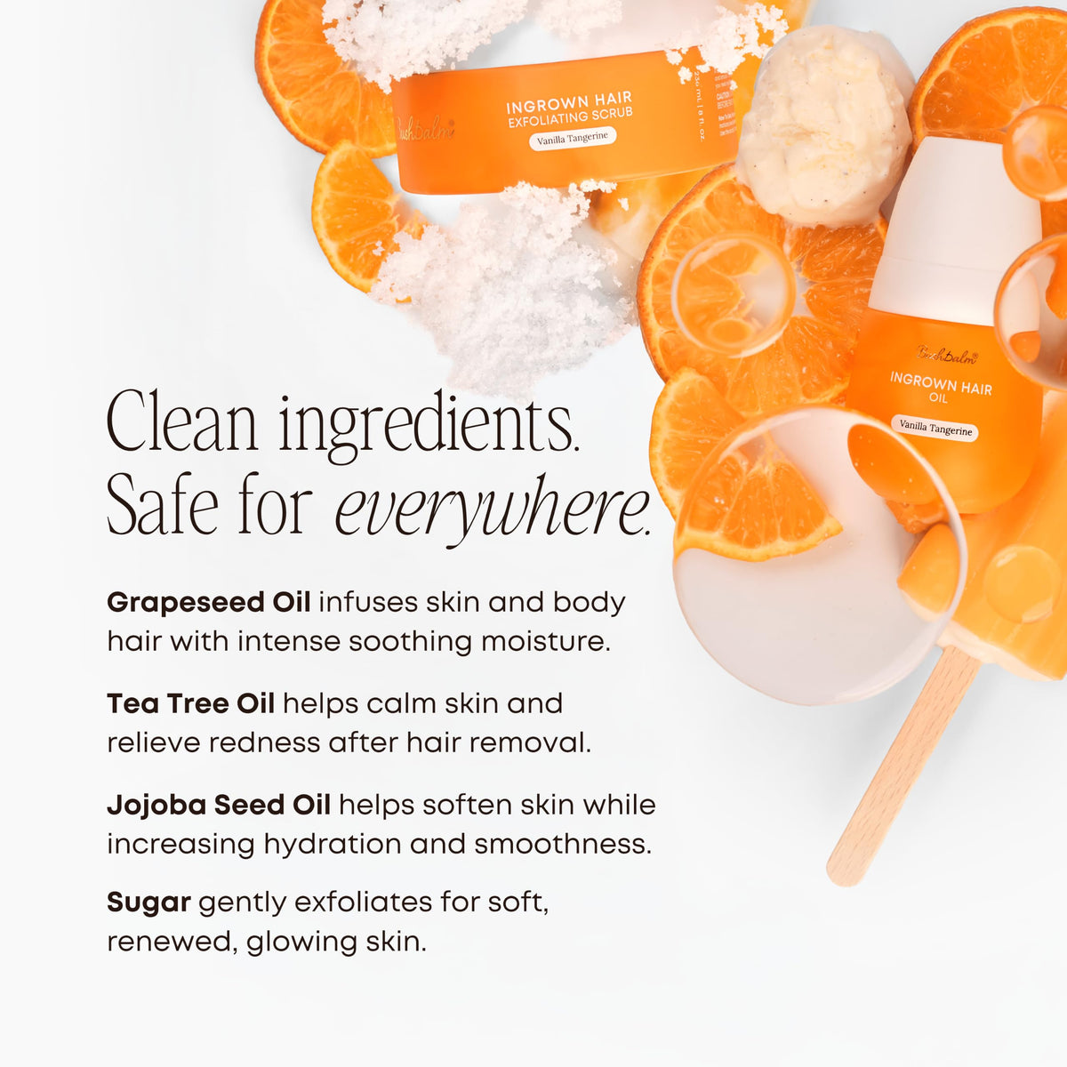 Bushbalm's 2-Step Ingrown Hair Routine features natural ingredients for smooth skin, infused with grapefruit and jojoba oil.