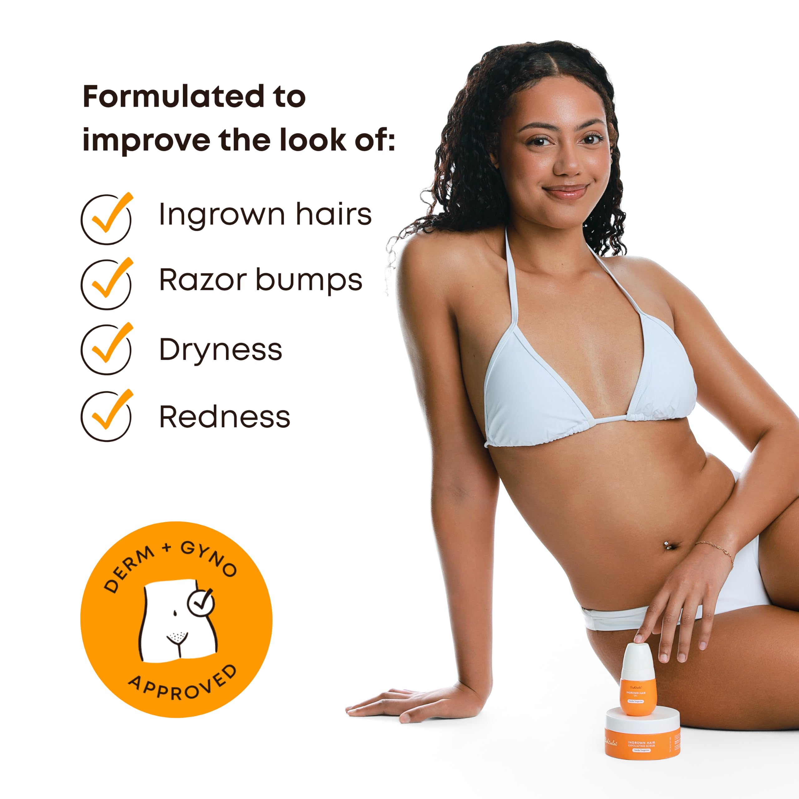 Model showcases Bushbalm 2-Step Ingrown Hair Routine to address ingrown hairs and skin irritation. Order online today!