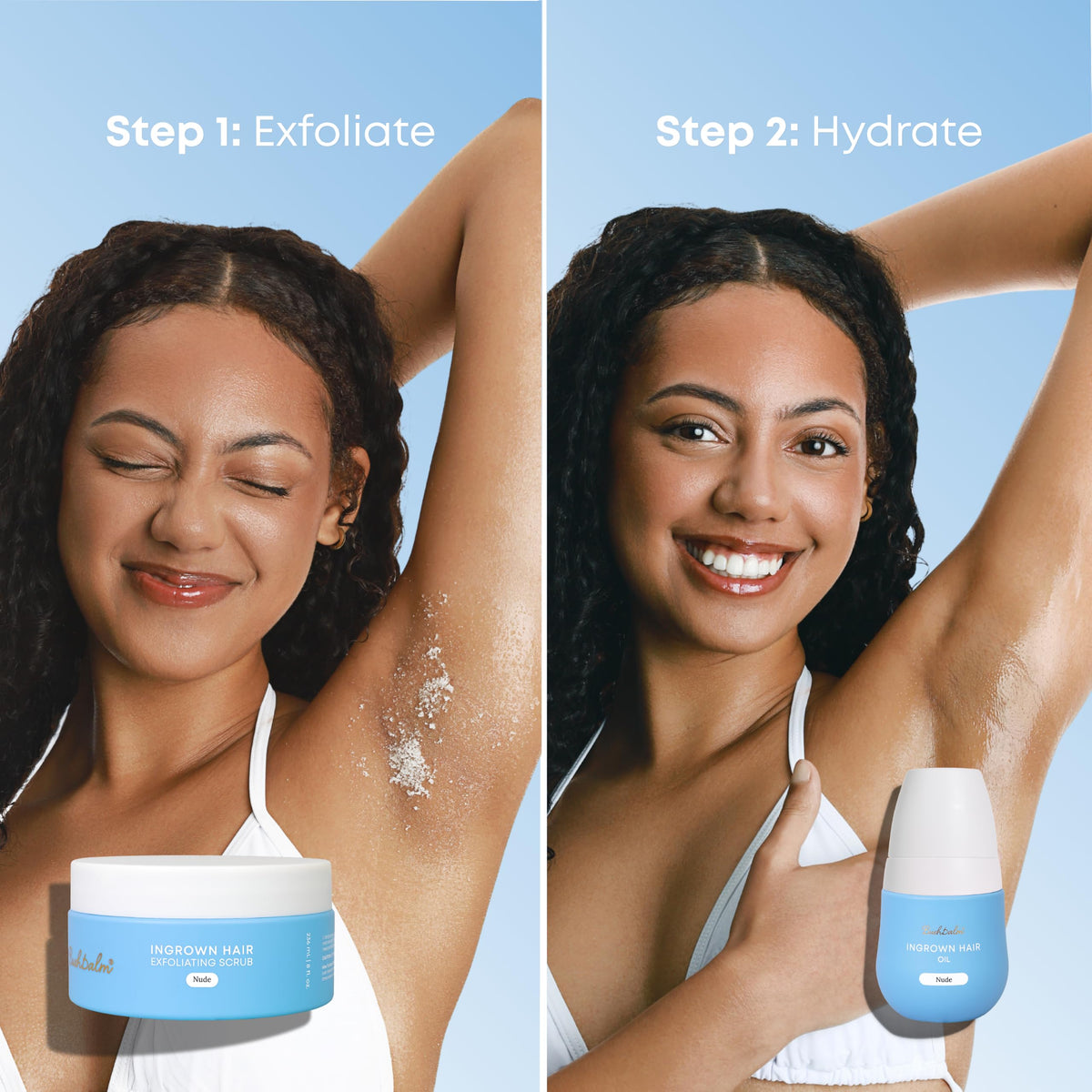 Woman showcasing 'Bushbalm Ingrown Hair & Razor Bumps Oil' steps for exfoliation and hydration. Available for order online.