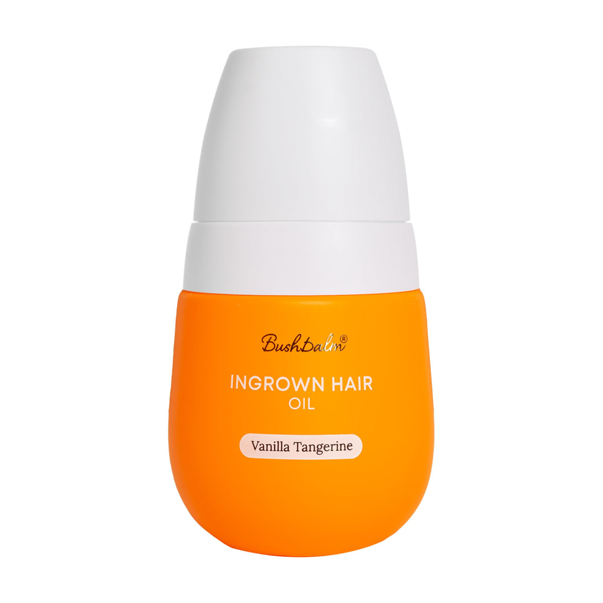 Bushbalm Ingrown Hair & Razor Bumps Oil in a bright orange bottle, featuring Vanilla Tangerine scent. Verified by CuratCart.