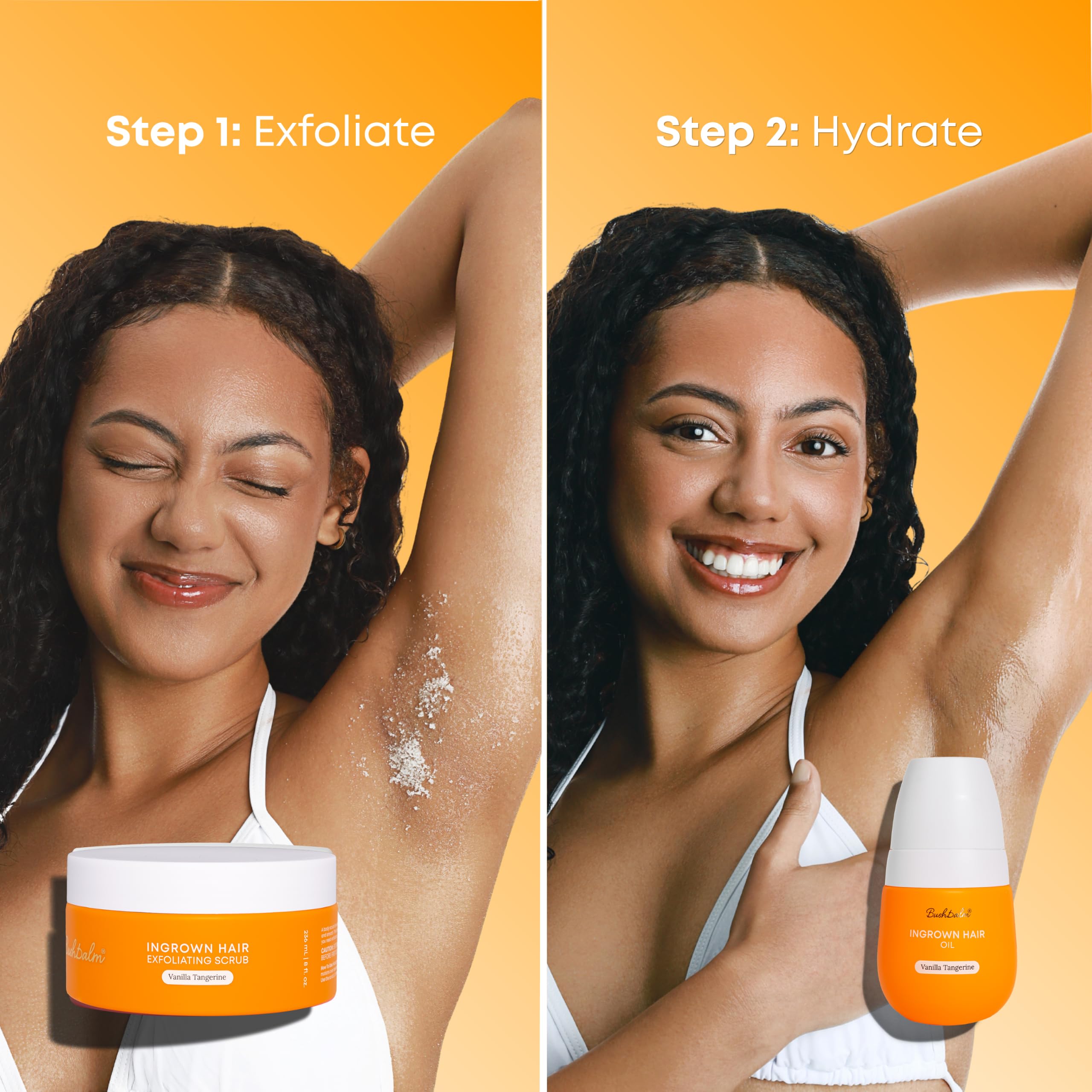 Authentic Bushbalm Ingrown Hair & Razor Bumps Oil in use, showcasing exfoliation and hydration steps for smooth skin.
