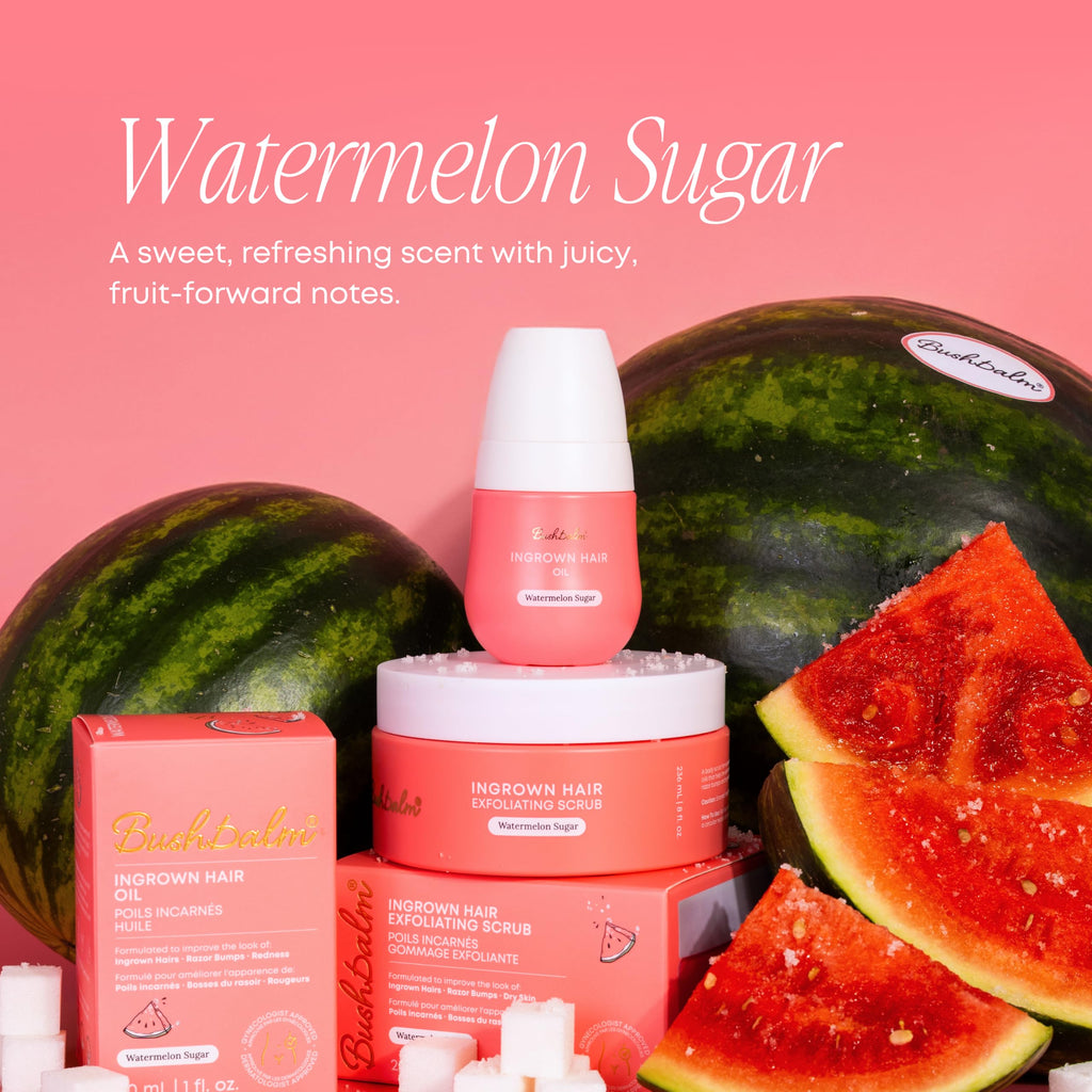 Bushbalm Ingrown Hair Oil in a vibrant pink bottle, surrounded by fresh watermelons, highlighting its refreshing scent.