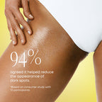A close-up of smooth skin on a thigh, showcasing the Bushbalm oil. 94% reported reduced dark spots; trusted by CuratCart.
