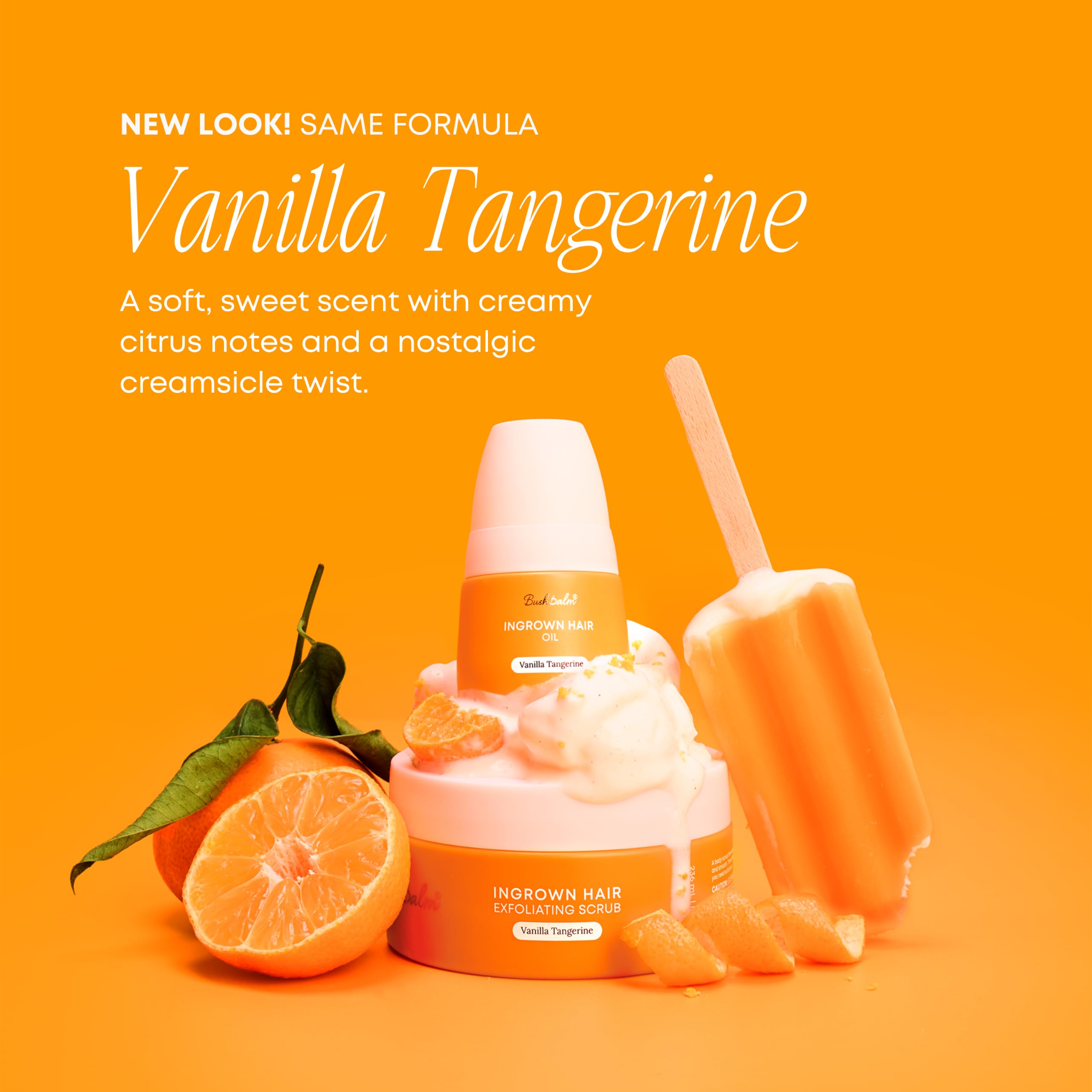 Bushbalm's Vanilla Tangerine oil targets ingrown hair and razor bumps, featuring vibrant packaging and a creamy citrus scent.