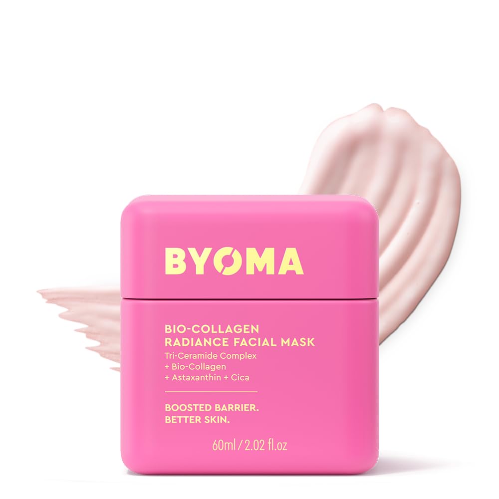 BYOMA Bio-Collagen Radiance Mask in a vibrant pink jar, promoting better skin with authentic ingredients.