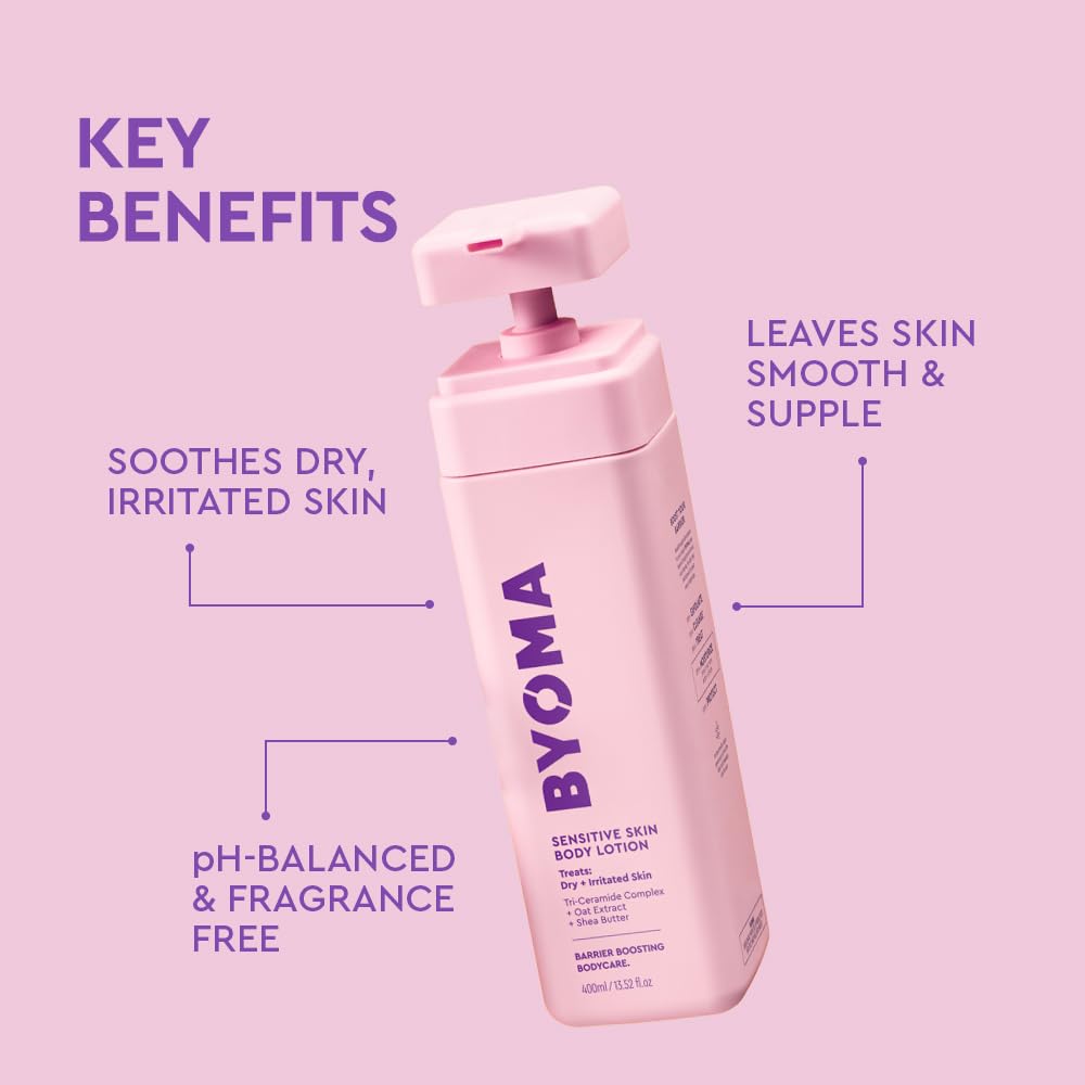 BYOMA Sensitive Body Lotion, specially curated by Curat Cart, soothes dry skin and leaves it smooth and supple.