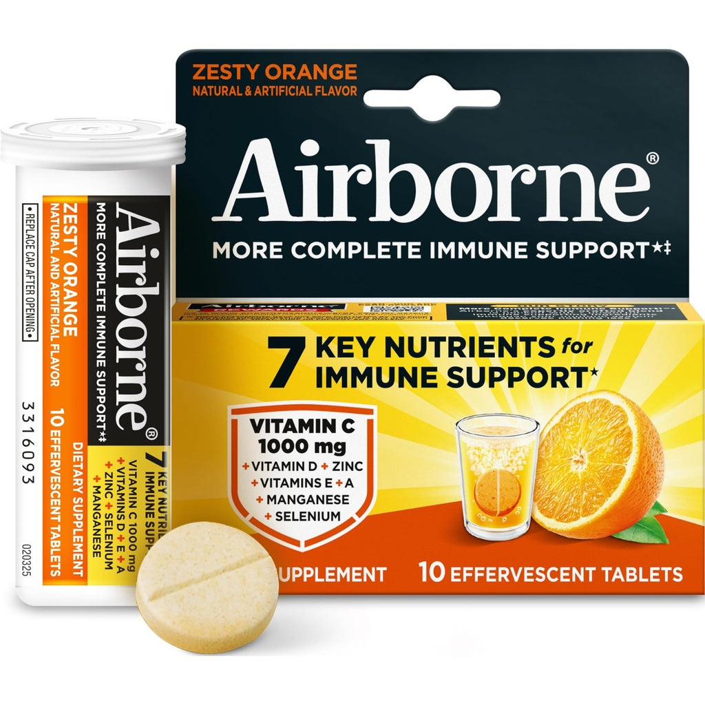 Airborne Immune Support Effervescent Tablets, Zesty Orange Flavor - 30ct with 1000mg Vitamin C + Vitamins A, D, E, Zinc, Selenium, Manganese & Herbal Blend - Sugar‑Free, Gluten‑Free