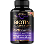Biotin, Collagen, Hyaluronic Acid & Keratin - Hair Growth Support - 60 Caps | Hair, Skin & Nails Vitamins - Clinically Tested Supplement for Men & Women - 25000mcg Vitamins B1, B2, B3, B6 & B7