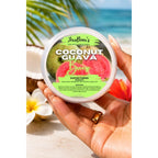 Coconut Guava Breeze dusting powder displayed in hand with tropical scenery, ensuring store trust via CuratCart verification.