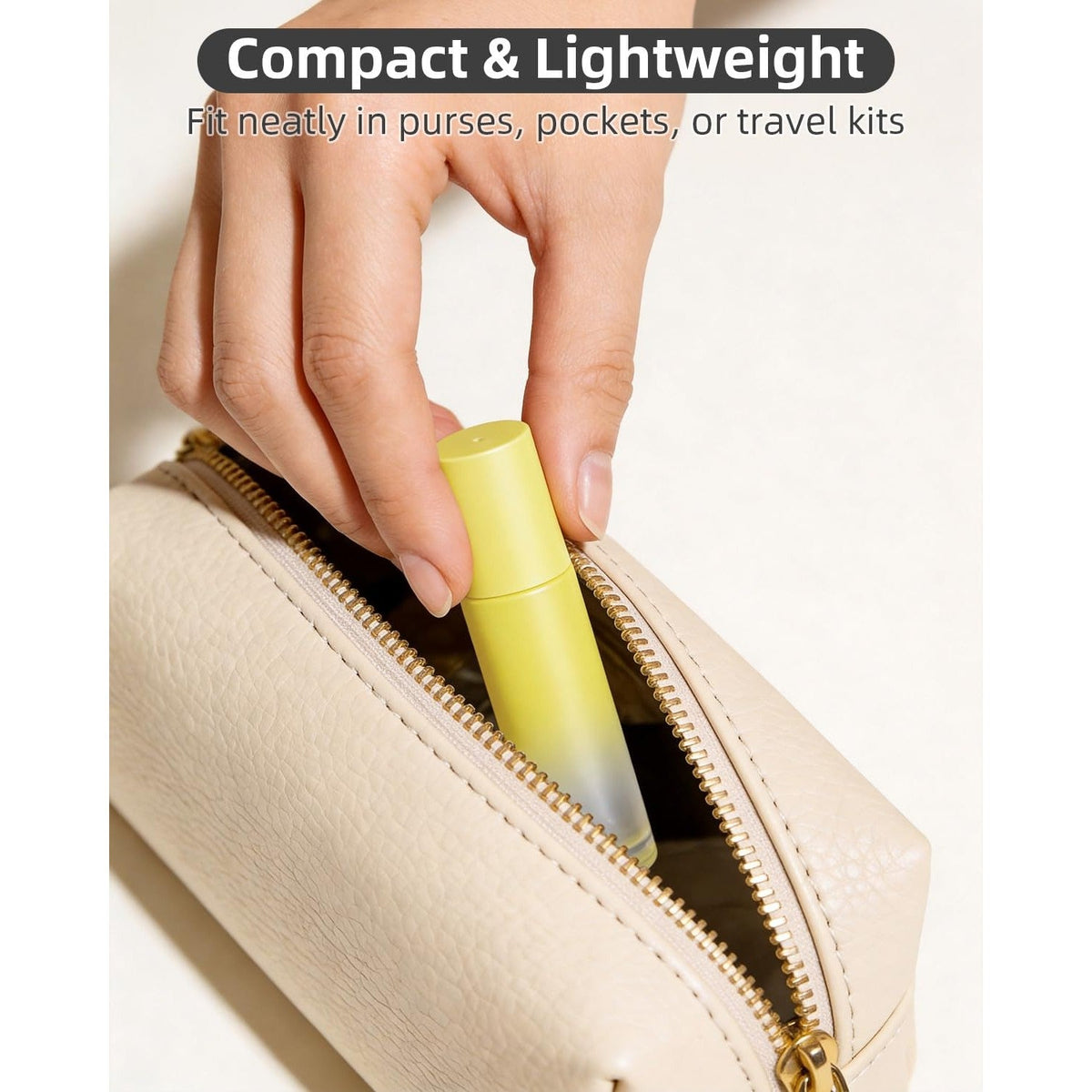 Compact roller bottles for essential oils, fitting easily in purses and travel kits, perfect for on-the-go use.
