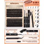 Comprehensive Lash Clusters Kit with 200 prepped lashes, bond, seal, and grooming tools for a flawless look.