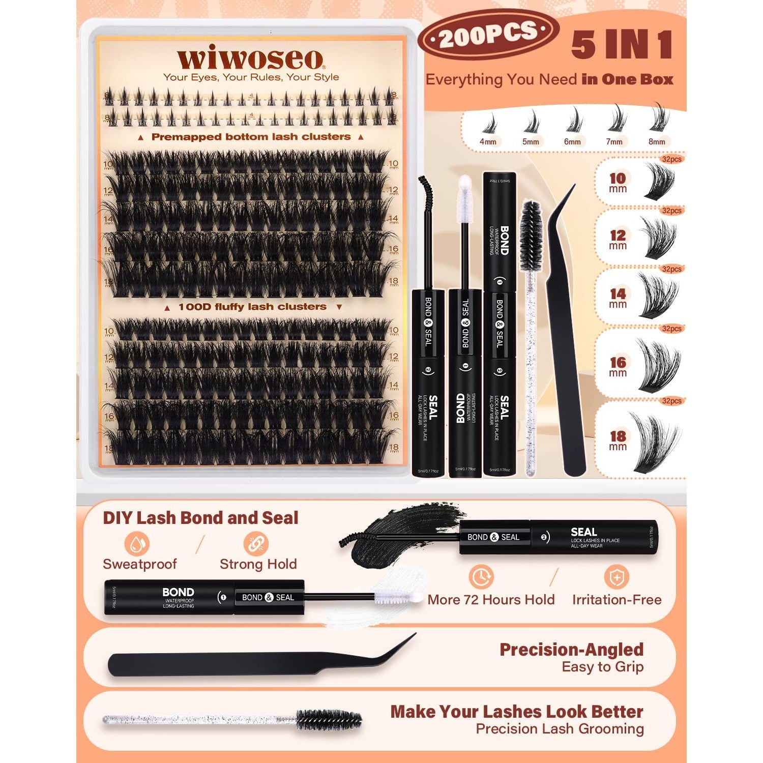 Comprehensive Lash Clusters Kit with 200 prepped lashes, bond, seal, and grooming tools for a flawless look.