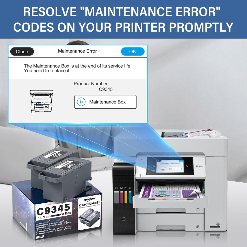 C9345 Ink Maintenance Box Replacement in official packaging, essential for resolving printer maintenance errors. Available at Curat Cart.