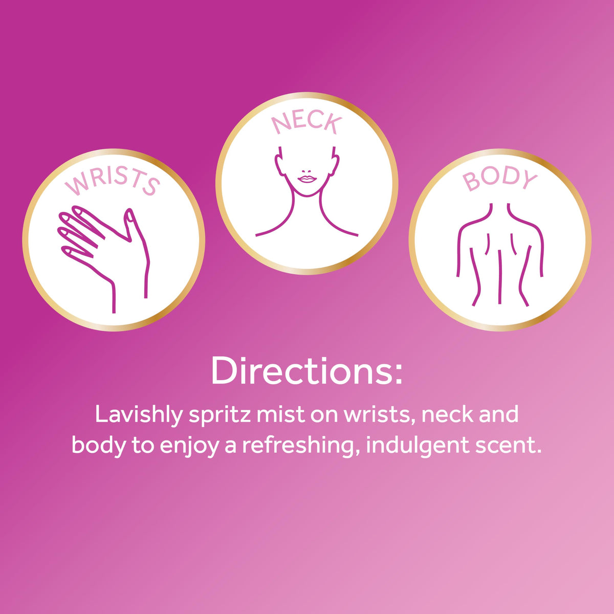 Instructions for Calgon Fragrance Body Mist. Spritz on wrists, neck, and body for an indulgent, refreshing scent. 100% genuine product.