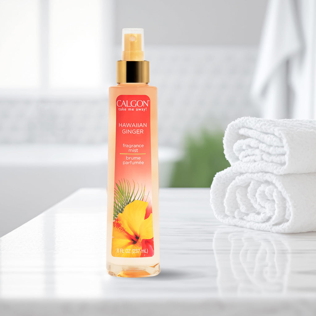 Authentic Calgon Hawaiian Ginger Body Mist, 8 fl oz bottle, captures tropical scent for refreshing all-day fragrance.