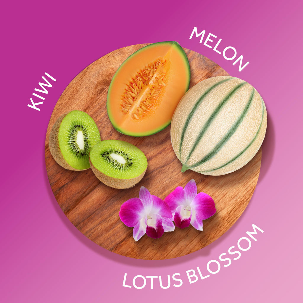 Calgon Fragrance Body Mist, Morning Glory features tropical kiwi, melon, and lotus blossom for a refreshing scent.