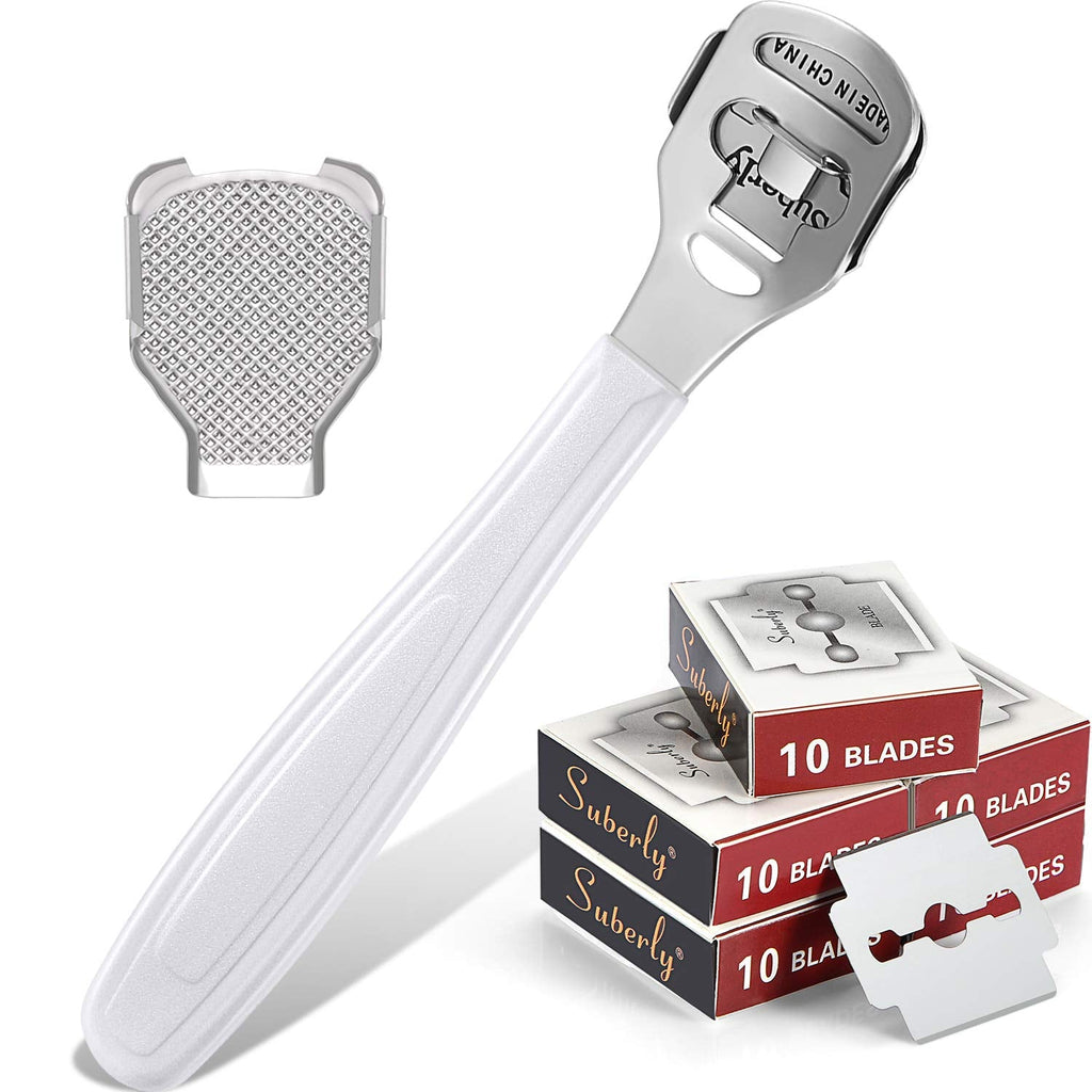 Authentic callus shaver set includes a stainless steel handle and 50 replacement blades for effective skin care.